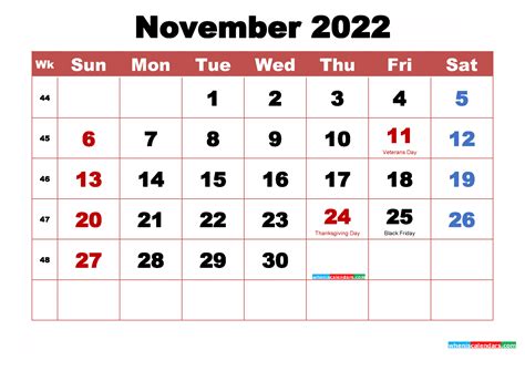 Free November 2022 Calendar With Holidays Printable