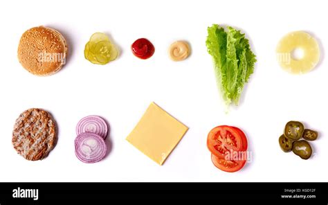 burger ingredients isolated on white background. top view Stock Photo - Alamy