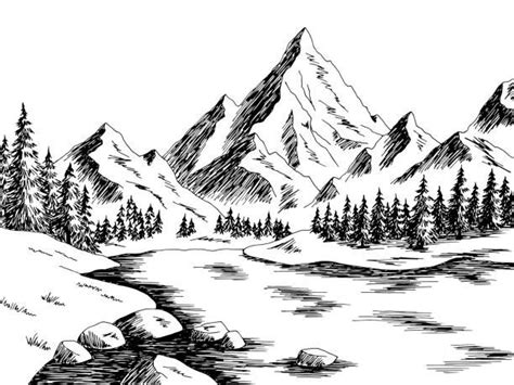 an ink drawing of mountains and trees in the snow, with water flowing ...