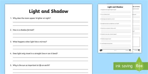 Light and Shadows Questions Worksheet (teacher made)