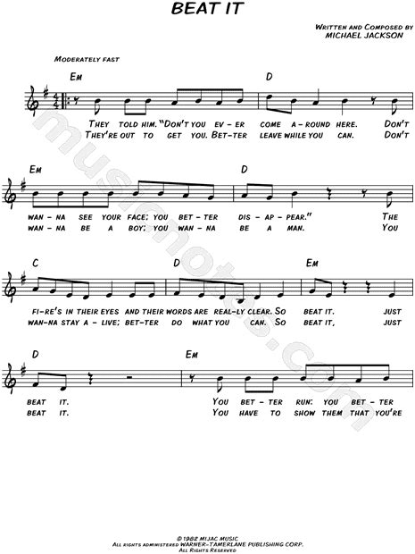 Michael Jackson "Beat It" Sheet Music (Leadsheet) in E Minor (transposable) - Download & Print ...