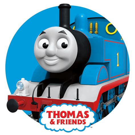 thomas the tank engine is smiling and sitting in front of a blue circle with words thomas ...