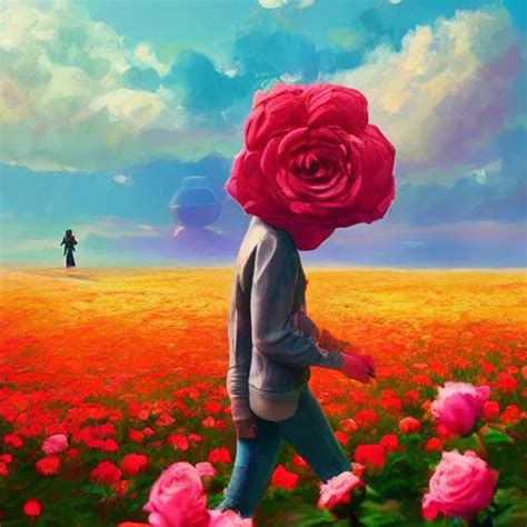 large rose as a head, girl walking in a flower field, | Stable Diffusion