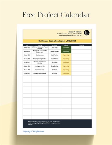 Free Project Calendar - Google Sheets, Excel | Template.net