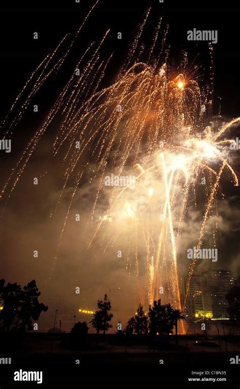 Spain, Valencia, Las Fallas (dummies stake), Nit de foc or Night of Fire, fireworks on Paseo de ...