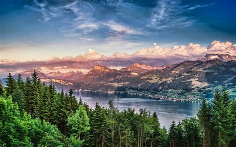 Download wallpapers 4k, Lake Zurich, sunset, beautiful nature, swiss ...