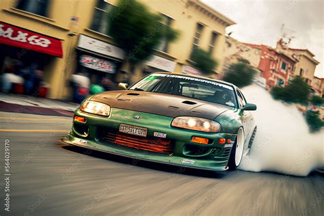 Tuned Toyota Supra drifting through Los Angeles. Generative AI. Stock ...