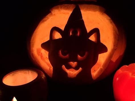 Pumpkin carving ideas. Black cat in witches hat. | Cat pumpkin carving, Halloween pumpkin ...