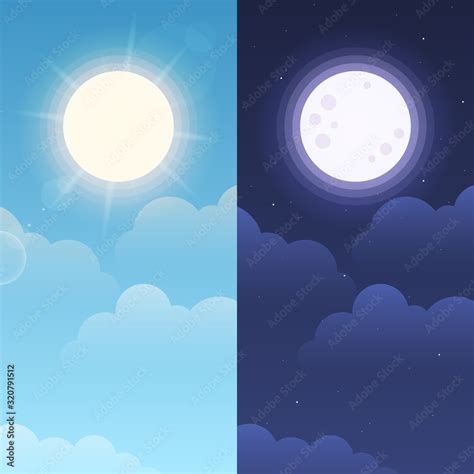 Day and night sky illustration with sun, clouds, moon and stars. Weather app screen, mobile ...