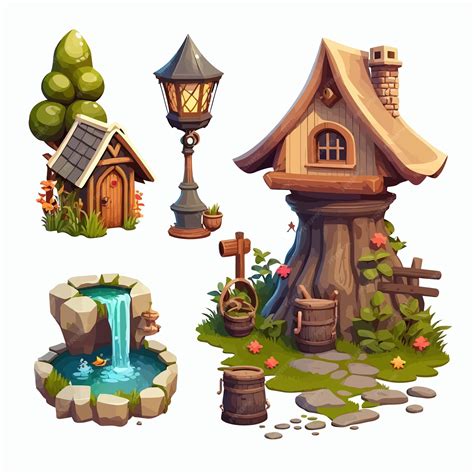 Premium Vector | Gnome village set with fantasy houses water well and ...