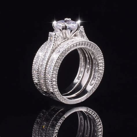 Luxury Princess cut Simulated Diamond Rings Sets 3 in 1 Engagement Wedding Ring finger For Women ...