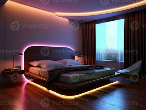 3D modern bedroom with multicolored led strip lights generative ai ...