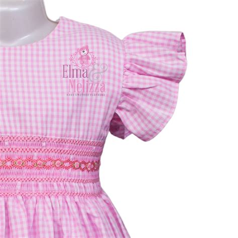Pink color check fabric hand smocked baby girl dress - Elma and Melizza