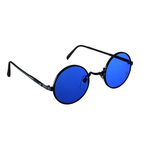 blue round metal sunglasses cobalt blue lens Retro Goth