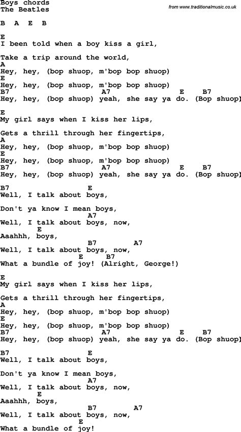 Song lyrics with guitar chords for Boys Bad