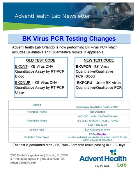 BK Virus PCR Testing Changes – AdventHealth Lab