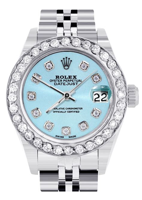 Womens Diamond Rolex Watch | 1 Carat Bezel | 26Mm | Light Blue Diamond ...