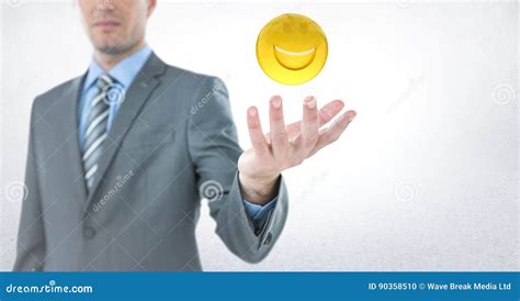 Business Man with Hand Out and Emoji with Flare Against White Background Stock Illustration ...