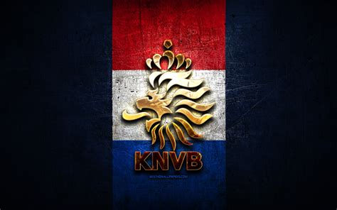 Download wallpapers Netherlands National Football Team, golden logo, Europe, UEFA, blue metal ...