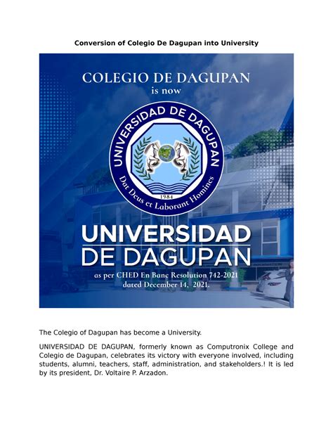 B- Change IN Operation - just read - Conversion of Colegio De Dagupan into University The ...