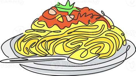One single line drawing fresh delicious Italian spaghetti logo graphic illustration. Italy ...