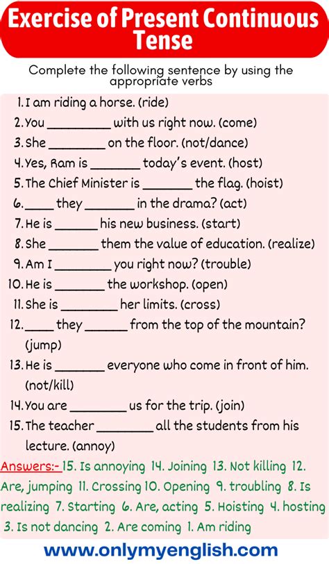 Exercise of Present Continuous Tense | Present continuous tense, English vocabulary words ...