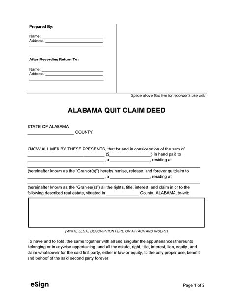 Quitclaim Deed Alabama Template, That for and in consideration of the sum of ten and no/100 ($10 ...