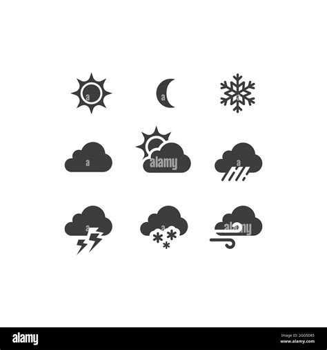 Weather forecast black vector icon set. Stormy, sunny, rain, snow icons ...