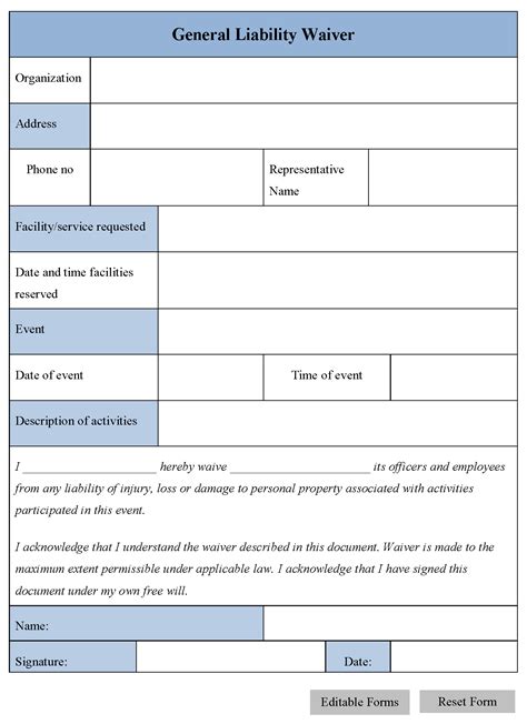 General Liability Waiver Form - Editable Forms