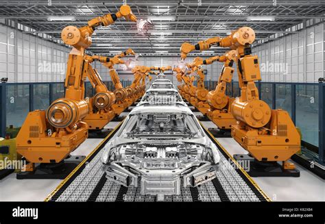 3d rendering robot assembly line in car factory Stock Photo - Alamy