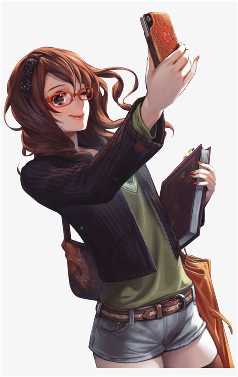 Brown Hair Anime Girl Glasses Phone Render Png By Seikiyukine - Anime Girl With Brown Curly Hair ...