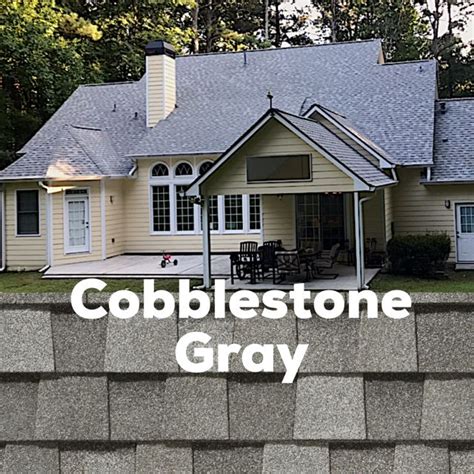 the words cobblestone gray are in front of a house with an attached porch