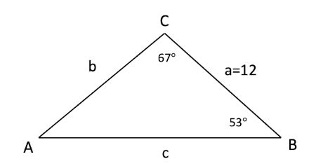 Solve the triangle with angles of 67 and 53 degrees and side of length ...