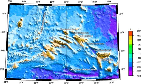 Digital terrain model and bathymetric model with a resolution of 100 m. | Download Scientific ...