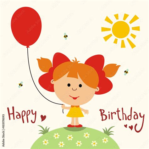 Happy birthday, card cute little girl with balloon, handwritten text ...