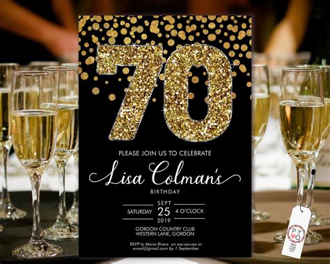 DIY 70th Birthday Confetti Invitation Printable Template, Black Gold ...