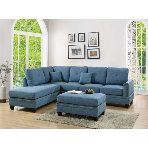 2-pcs Sectional Sofa Blue Modern Sectional Reversible Chaise Sofa Pillows Cotton Blended Fabric ...