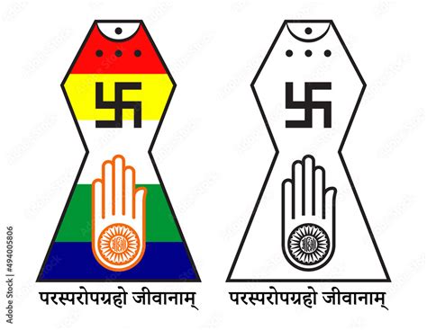 Jain logo with five colour flag background. Jainism emblem with Jain ...