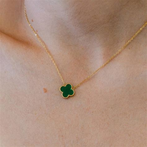 Green Four Leaf Clover Necklace In 18 K Gold Plate By White Leaf