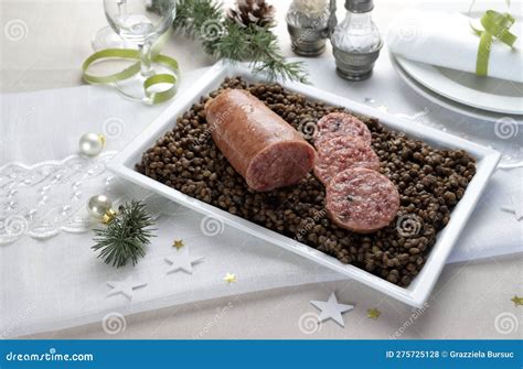 An Italian New Year Eve Table. Cotechino with Lentil. Stock Photo - Image of salad, vegetable ...