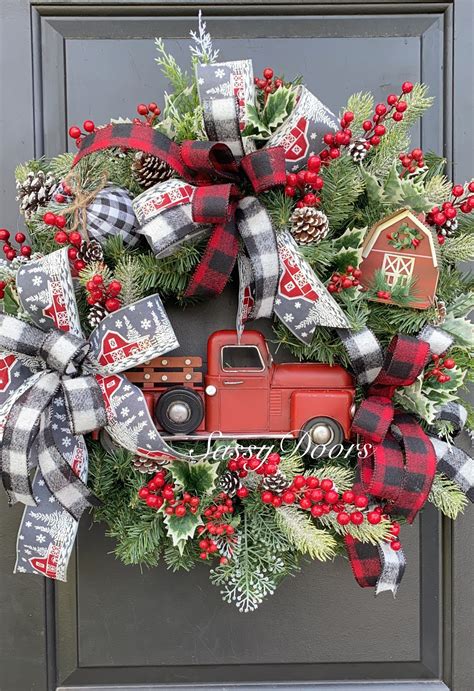 Red Truck Wreath, Farmhouse Plaid Christmas Wreath, Christmas Wreath ...