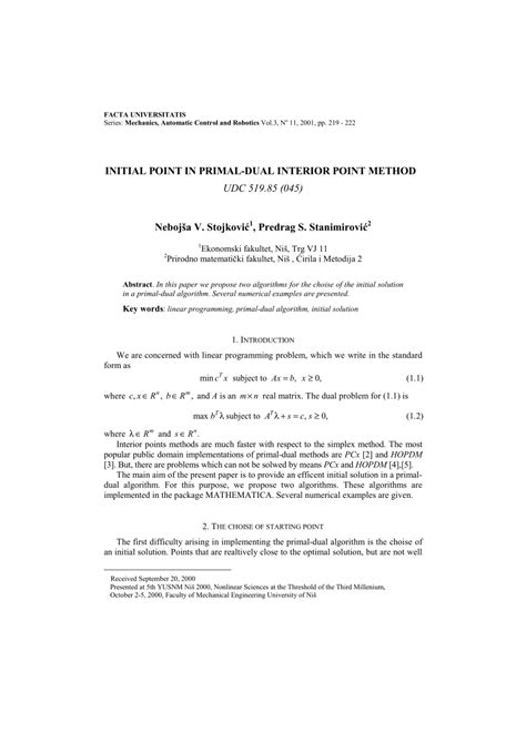 (PDF) Initial point in primal-dual interior point method