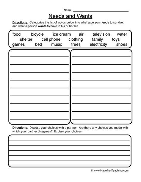 Needs and Wants Sorting Worksheet