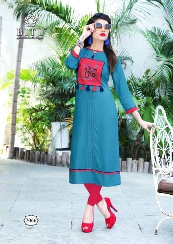 Blue Rayon Kurti Hand Embroidery with Anker Pattern at best price in Surat