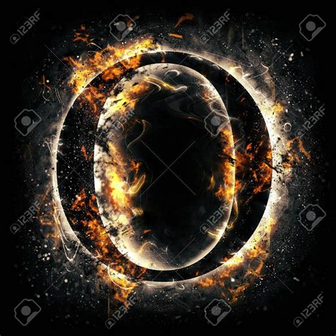 the letter o is made up of fire and black with flames around it, as well as an orange circle