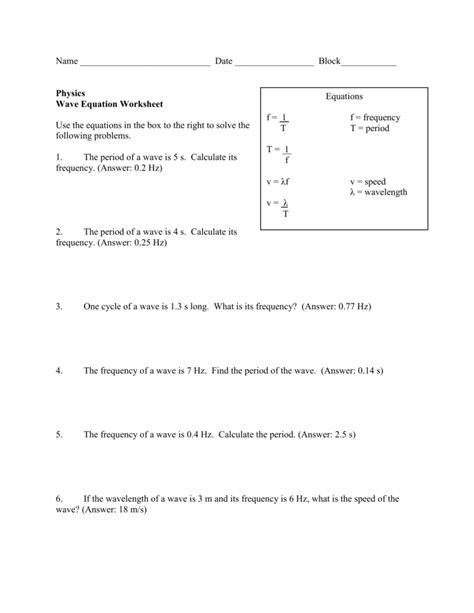 wave equation worksheet