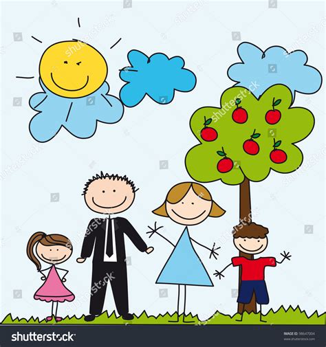 Family Drawing Over Cute Landscape Background: vector de stock (libre ...