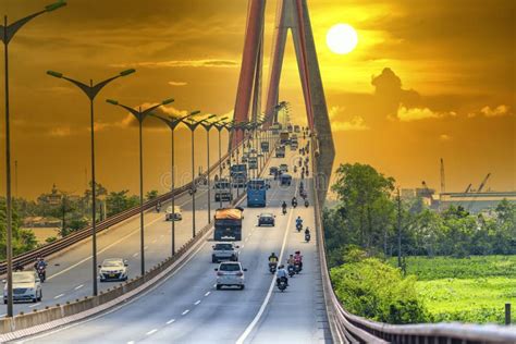 Heavy Traffic on Can Tho Bridge at Sunset Sky. Editorial Stock Image ...