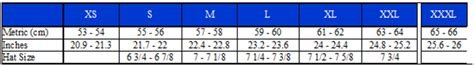 Arai-Galaxy: Sizing Chart