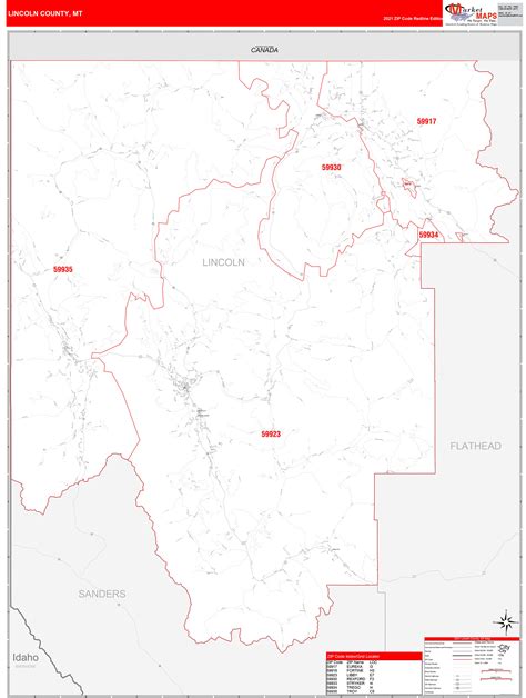 Lincoln County, MT Zip Code Wall Map Red Line Style by MarketMAPS - MapSales